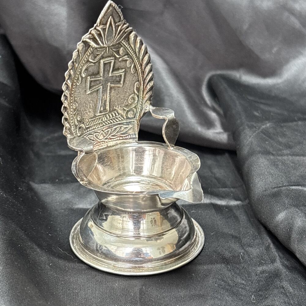 Pure Silver Christian Cross Diya Lamp Deepam 28g Religious Altar Worship Gift